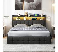 Lit Coffre 140x190 Avec LED Et USB, Lit Double Rembourré Avec Rangement Et Tete De Lits, Hydraulique Lits Avec Rangement,Cadre De L_it Avec Sommier à Lattes Pour Adultes Et Adolescents,PU,Sans Matelas