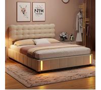 Lit Coffre 140x190 avec LED, hydraulique, rangement spacieux, sommier lattes, beige velours capitonné, adultes & ados, sans matelas