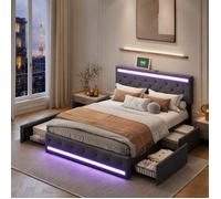 Lit Coffre 140x190 avec Led,Lit Rembourré avec 4 Tiroirs,Lit Double avec Rangement,Lit Capitonné,Lit 2 Personnes Led,Lin,Gris foncé