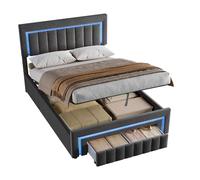 Lit coffre 140x190 cm avec boxspring, led et tiroirs de rangement - velours gris foncé