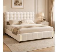 Lit coffre 140x190 cm avec LED à détecteur de mouvement, Lit double rembourré avec tête de lit nuage, Lit adulte/ado,Velours beige