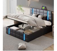 Lit coffre 140x190 cm avec ports USB et Bandes LED, Lit rembourré en PU Noir avec Rangement, Lit 2 Personnes, Design Moderne Élégant