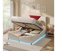 Lit Coffre 140x190 cm Capitonné avec 4 Tiroirs,Lit Rembourré avec LED,Tête de Lits avec Rangement,Double Bed avec Sommier à Lattes pour Adultes et Adolescents,Velours (Blanc cassé 02-H, 140x190 cm)