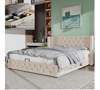 Lit coffre 140x190 cm - Chesterfield - Beige - Tissu velours - Sommier à lattes - 2 places