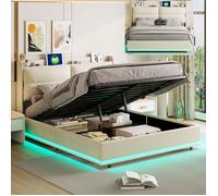 Lit coffre 140x190 cm, Hydraulique rangement, Lit 140x190 cm, Lit double 2 personnes, LED intégrée et USB, Tissu velours, Beige