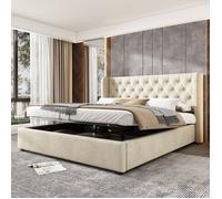 Lit coffre 140x190 cm Lit hydraulique adulte Lit double rembourré en velours avec Rangement et Sommier à lattes - beige