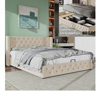 Lit coffre 140x190 - LANGTU - Chesterfield Steele - Coffre hydraulique - Tissu flanelle beige - Sommier inclus