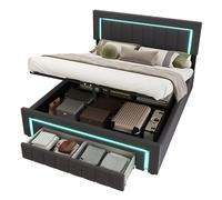 Lit coffre 140x190 velours gris foncé LED tiroirs boxspring