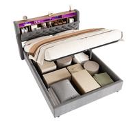 Lit coffre 140x190 velours gris LED USB Type-C étagère