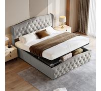 Lit Coffre 140x200 Avec Avec Sommier à Lattes, Lit Capitonné Avec Hydraulique, Lit Double, Gris