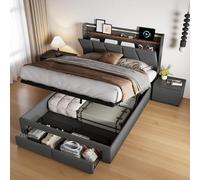 Lit Coffre 140x200 avec Éclairage LED et Port USB, Lit Hydraulique avec Étagères Ouvertes et Rangement Caché en Tête de Lits, Lits 2 Personne avec 2 tiroirs et Sommier à Lattes, Lin, Gris Foncé