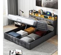 Lit Coffre 140x200 avec Rangement et éclairage LED, Sommier à Lattes, Lit Double avec USB et Type-C, Lit 2 Personnes, Lin, Gris