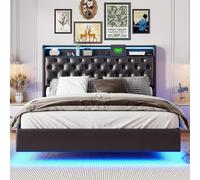 Lit Coffre 140x200 Avec Sommier, Avec Éclairage LED Et Port USB, Lit Double, Pu, Noir