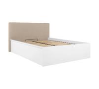 Lit coffre 140x200 avec tête de lit capitonnée ,coloris Blanc brillant/Textile beige - Longueur 209,5 x Profondeur 156 x Hauteur 95/40,5 cm
