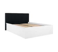 Lit coffre 140x200 avec tête de lit capitonnée ,coloris Blanc brillant/Textile Noir - Longueur 209,5 x Profondeur 156 x Hauteur 95/40,5 cm