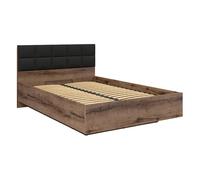 Lit coffre 140x200 avec tête de lit rembourrée noir, sommier et rangement ,coloris Chêne marron foncé - Longueur 206 x Profondeur 145 x Hauteur 42-98,5 cm