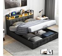 Lit coffre 140x200 - BLANKETSWARM - Tête de lit LED - Port USB Type-C - Tissu PU noir - Style industriel