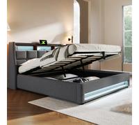Lit coffre 140x200 cm avec étagère, LED, USB, lin, gris