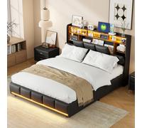Lit Coffre 140x200 cm, avec LED et USB, Lit Double, avec Rangement, Sommier a Lattes, PU, Noir