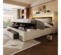 Lit coffre 140x200 cm avec tête de lit de rangement, LED, en lin, beige, sans matelas