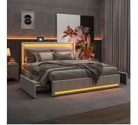 Lit coffre 140x200 cm avec tiroirs, lit 2 Personnes LED avec rangement, chargement USB, cadre de lit avec sommier à lattes, beige