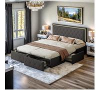 Lit coffre 140x200 cm avec tiroirs, lit 2 Personnes moderne avec 4 tiroirs de rangement, cadre de lit avec sommier à lattes, gris