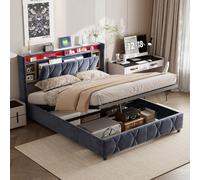 Lit coffre 140x200 cm avec USB et rangements, lit double avec tête de lit coffre, velours
