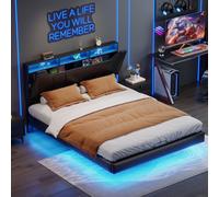 Lit coffre 140x200 cm en tissu noir avec rangement à vérins hydrauliques, bande LED sur tête et cadre de lit, prise intégrée – Lit moderne avec chargeur EU