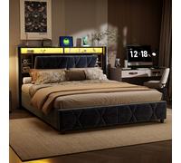 Lit coffre 140x200 cm en velours gris avec tête de lit LED 7 couleurs, prises intégrées (USB + Type-C + EU), rangements pratiques et vérins hydrauliques