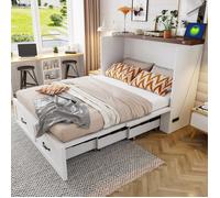 Lit coffre 140x200 cm lit escamotable mural blanc avec 4 tiroirs de rangement prises électriques USB sommier à lattes