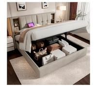 Lit Coffre 140x200 cm, Lit rembourré avec Port de Chargement USB, avec Espace de Rangement hydraulique, Lit Double Moderne, Cadre à Lattes en Bois,Couleur Naturelle (Matelas Non Inclus)