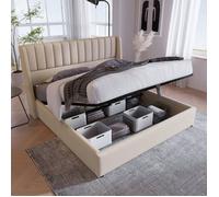 Lit Coffre 140x200 en Lin Beige avec Sommier Relevable Hydraulique - Lit Rembourré - Tête de lit Moderne, Cadre Solide en Métal