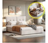 Lit coffre 140x200, lit adolescent coffret avec LED, lit coffre minimaliste, tête de lit avec poches, pour adulte adolescent, beige