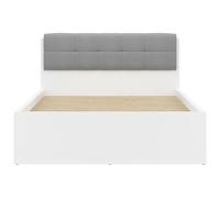 Lit coffre 140x200 tête rembourée grise avec sommier et rangement, coloris Blanc brillant - Longueur 204,5 x Profondeur 149 x Hauteur 95/40,5 cm
