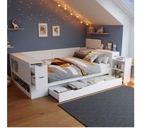 lit coffre 140x200, tiroirs et placards lit double, sommier inclus, table de nuit intégrée, structure bois massif