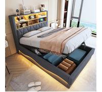 Lit Coffre 140x200cm avec Rangement LED Contrôlée App et USB Lit Rembourré avec Rangement Tête de Lit et Cadre Métal Lin Gris