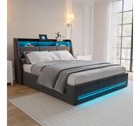 Lit coffre 140x200cm en tissu gris avec rangement à vérins hydrauliques, bande LED multicolore contrôlable par télécommande & application, tête de lit avec prise et espace de rangement