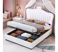 Lit coffre 140x200cm, lit enfant LED avec sommier à lattes et tête de lit avec couronne, en cuir PU, blanc