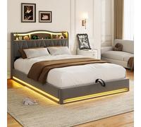 Lit Coffre 160×200 avec LED et Ports USB,Tête de Lit Capitonné avec Étagères Ouvertes et Rangement Caché, Lit Double avec Hydraulique, Sommier à Lattes, Velours, sans Matelas (Gris, 160*200)