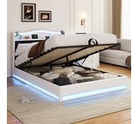 Lit Coffre 160×200 avec LED et Ports USB,Tête de Lit Capitonné avec Étagères Ouvertes et Rangement Caché, Lit Double avec Hydraulique, Sommier à Lattes, Velours, sans Matelas (Beige, 160*200)