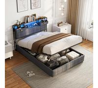 Lit Coffre 160×200 avec LED et Ports USB,Tête de Lit Capitonné avec Étagères Ouvertes et Rangement Caché, Lit Double avec Hydraulique, Sommier à Lattes, Velours, sans Matelas (Gris D, 160*200)