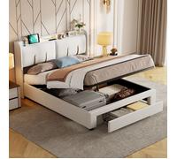 Lit coffre 160 x 200 avec tiroir et rangement de chevet caché, lit double rembourré, cadre de lit avec sommier, velours, beige