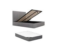 Lit coffre 160 x 200 cm avec tête de lit coutures verticales - Velours côtelé - Gris + Matelas - SARAH