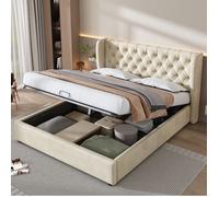Lit coffre 160 x 200 cm EVRYAE en velours beige, sommier à lattes, tête de lit capitonnée style Chesterfield