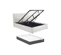Lit coffre 160 x 200 cm - Tissu bouclette - Blanc + Matelas - MAZIRI