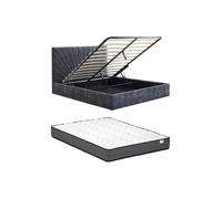 Lit coffre 160 x 200 cm - Tissu texturé - Gris anthracite + Matelas - RIBIOLA