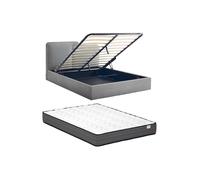 Lit coffre 160 x 200 cm - Velours côtelé - Gris + Matelas - NAYOLA