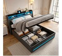 Lit Coffre 160 x 200, Lit Double avec Sommier, Chambre complete adulte, Rangement dans la Tête de Lit Capitonné, LED et USB,Lin Gris