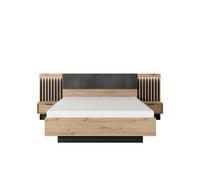 Lit coffre 160cm Chevets LED et sommier relevable inclus Chêne et Noir - LYTA