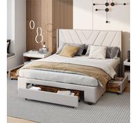 Lit Coffre 160x200 Avec 3 Tiroirs, Lit Capitonné Avec Sommier à Lattes, Lit Double, Beige